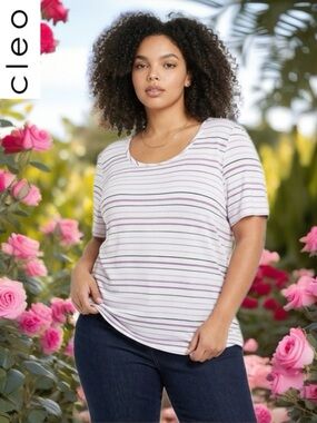 cleo Scoop-Neck Short Sleeve Tee in White with Lavender and Gray Stripes